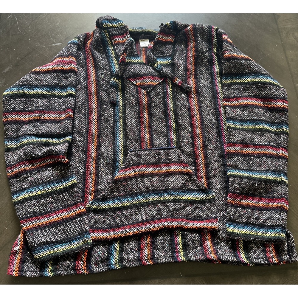 Vintage Frank's Textiles Mexican Baja Hoodie Drug Rug Size XL Woven Base Pocket